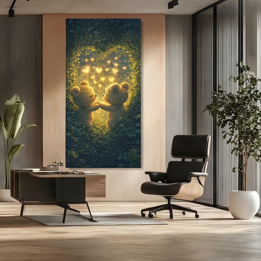 Tablou canvas cu doi ursuleti pufosi in padure, fara rama, pe sasiu de lemn, pe perete intr-un birou